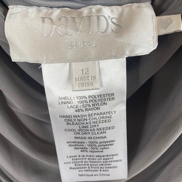 Davids Bridal - Bridesmaid Dress -  Grey One-Shoulder Mesh Dress with Lace Inset - Picture 6 of 11